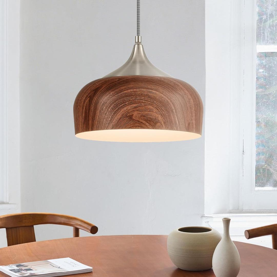 ELYONA Brushed Nickel Pendant Light Wooden Pattern Dome Pendant Light Fixture Nickel Metal Modern Adjustable Hanging Lighting for Kitchen Island Dining Room Office Hallway Foyer Bedroom, 12 Inch