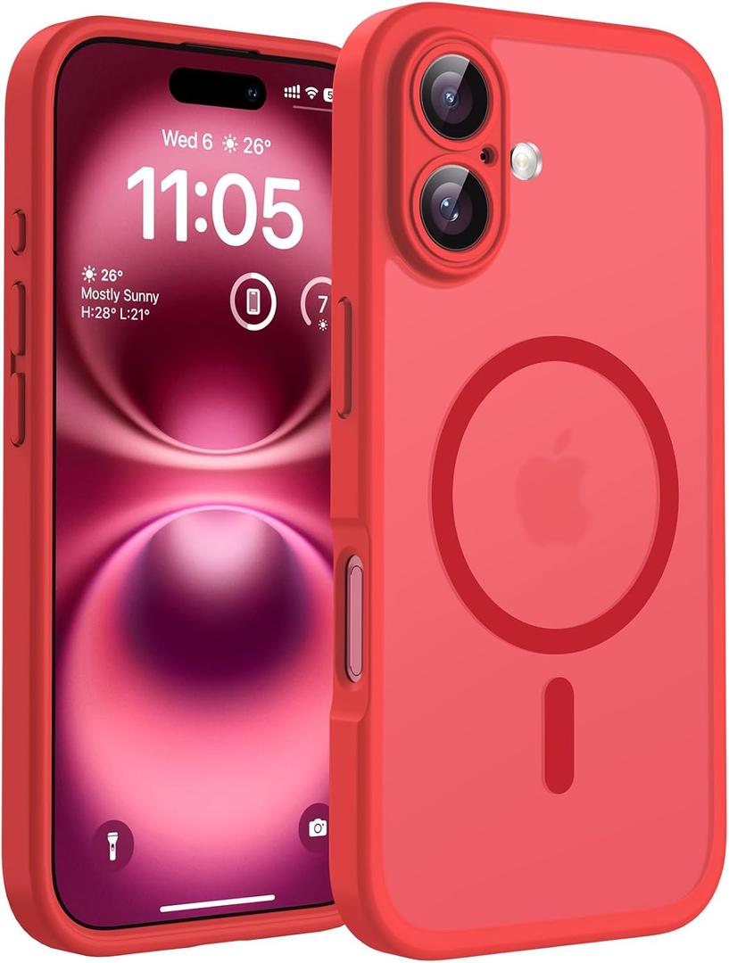 TOCOL Magnetic for 16 Red Case, Upgraded Full Camera Protection, Compatible with Magsafe, Drop Protection, Translucent Matte Back Bumper Phone Cover 6.1-Inch (Red)