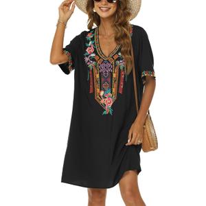 Grosy Women's Embroidered Mexican Peasant Dresses, Plus Size Fiesta Boho Dress for Women, Traditional Floral Bohemian Tunic (Black, XL)