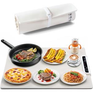 Warming Mat for Food  Large 24"x14" Electric Warming Tray for Kitchen & Office with 3 Adjustable Temperatures & Timers  Warming Pad for Countertop, Buffet, Parties (White)