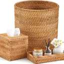 3 Pcs Rattan Bathroom Accessories Set Wicker Handwoven Trash Can Basket Waste Paper Basket Square Tissue Box Holder Toilet Vanity Tray for Kitchen Office Organizer Decorative (Natural)