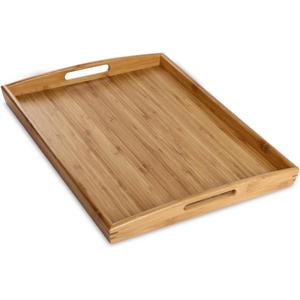 Joy&Grace Bamboo Serving Tray with Handles, Dinner Food Tray for Bed Breakfast Eating and Serving, for Coffee Table Ottoman TV, Decorative Wood Large Charcuterie Platter 16.8 x 12.5 inch 1 Pack
