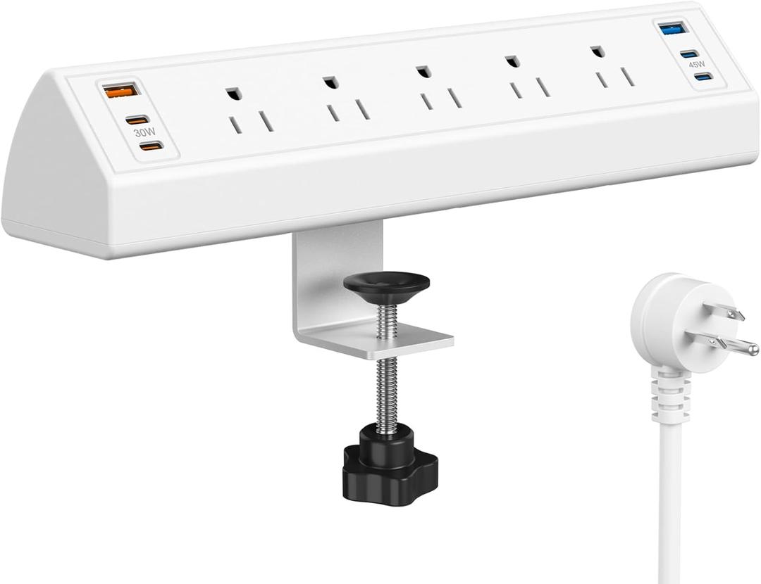 Desk Clamp Power Strip USB C,75W Total Fast Charging Station,45W and 30W USB-C Ports,Desk Edge Mount Power Strip 6-USB Ports,5 AC Outlets Tabletop Surge Protector,Fit 1.6" Tabletop Edge,White