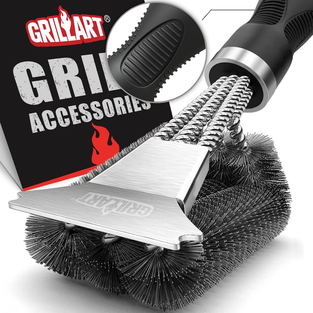 GRILLART Grill Brush and Scraper, Extra Strong BBQ Cleaner Accessories, Safe Wire Bristles Barbecue Triple Scrubbers Cleaning Brush for Gas/Charcoal Grilling Grates, Wizard Tool BR8115