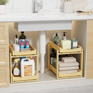 Bamboo Under Sink Organizer Adjustable Height 2 Tier Bathroom Organizer Pull Out Cabinet Storage Kitchen Heave Duty Wood Slide Ou Shelf for Kitchen Bathroom(Nature, 2 Packs)