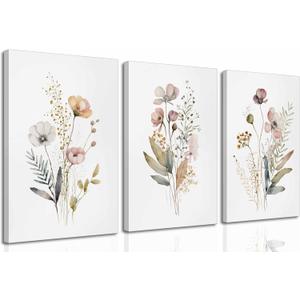 3Pcs Watercolor Wildflower Canvas Wall Art Modern Minimalist Colorful Botanical Floral Painting Picture Wall Decor Flower Posters Print Artwork for Living Room Bedroom Woman's room Home Decoration (24L" x 16W")