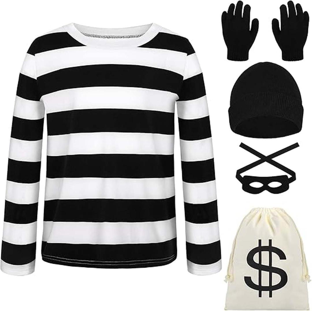 JUANSI Adult Halloweent Robber Costume Set Black and White Striped Tee Shirt Canvas Bag Gloves Eye Patch and Beanie Cap (Small, Male)