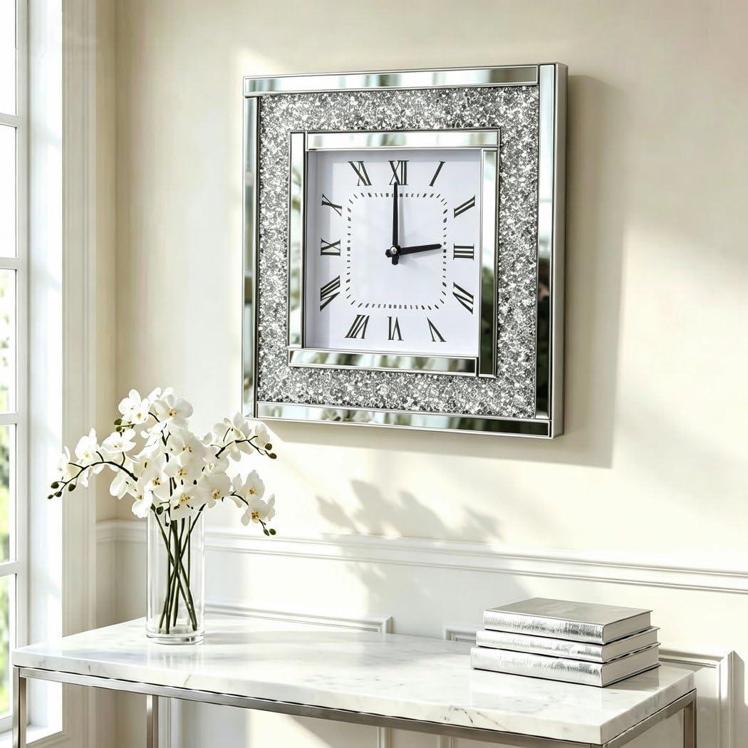 DMDFIRST Silver Square Mirror Clock 20x20inches Crystal Sparkle Twinkle Bling Crushed Diamond Mirrored Large Wall Clock for Wall Decoration Silver Glass Mirror Home Décor. AA Battery is not Included.