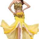 ORIDOOR Women's Belly Dance Dress Belly Crop Top Bra Top and Belt Chiffon Dancing Split Skirt Costume 3-Piece Outfit (Yellow, One Size)