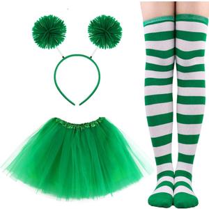 3 Piece Tulle Tutu Costume Set for Women Include Striped Knee Socks, 3 Layered Tulle Tutu Skirt, Pom Pom Headband (Adult, Green)