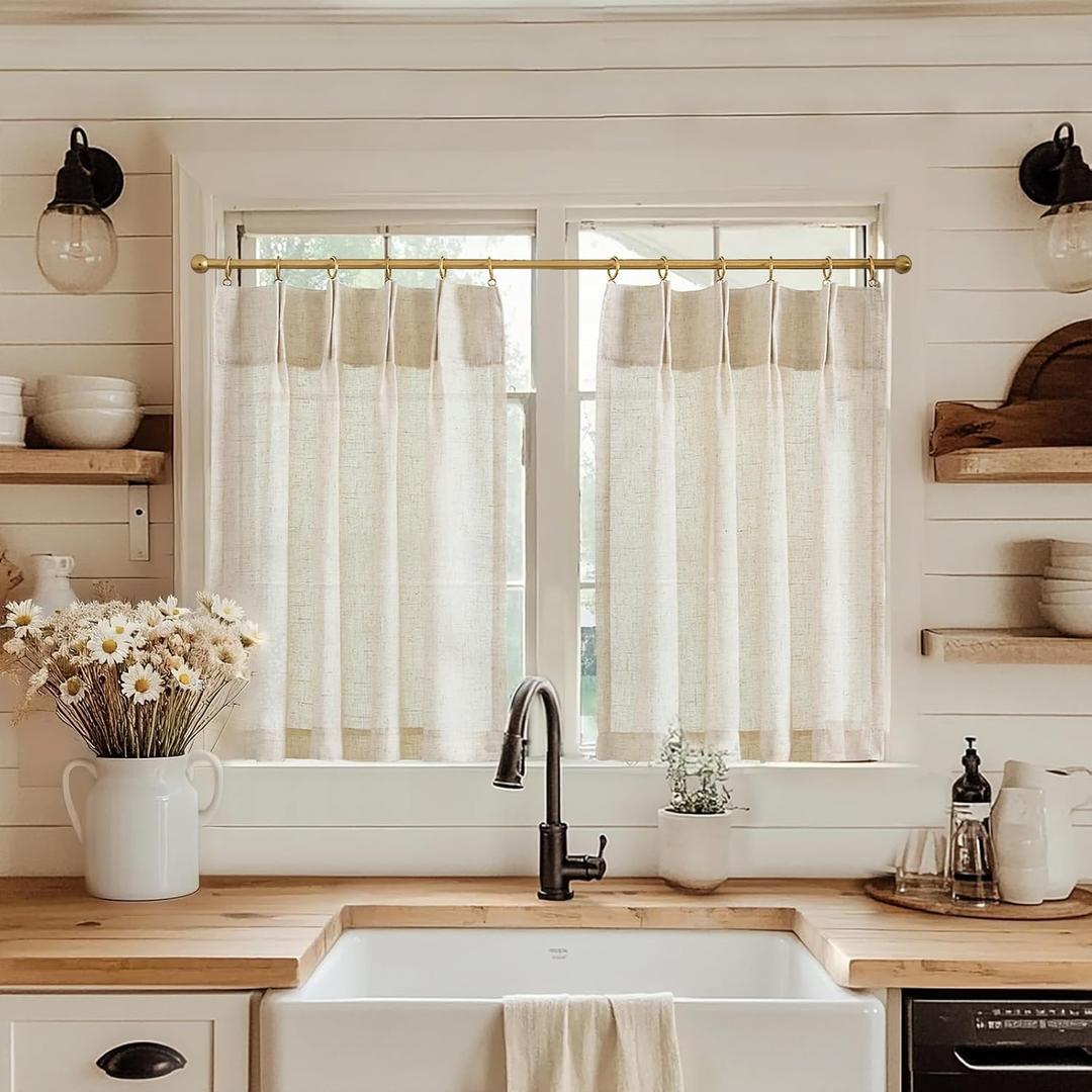 jinchan Linen Pinch Pleated Kitchen Curtains 24 Inch 2 Panels, Natural Linen Tier Curtains Back Tab Beige Farmhouse Cafe, Light Filtering Small Window Drapes for Bathroom Laundry Room Crude (26"W x 24"L (Pack of 2), Pinch Pleated Crude)