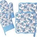 FoldTier 4 Pcs Chinoiserie Oven Mitts and Pot Holders Vintage Blue White Floral Heat Resistant Kitchen Gloves Hot Pads Non Slip Quilted Cotton Oven Mittens Pot Holders Kitchen Decor Gifts