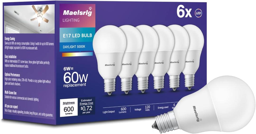 Maelsrlg E17 Intermediate Base LED Bulb, 6W (60 Watt Equivalent) G14 Globe Ceiling Fan Light Bulbs, Daylight White 5000K, 600 Lumens, Non-Dimmable, Pack of 6