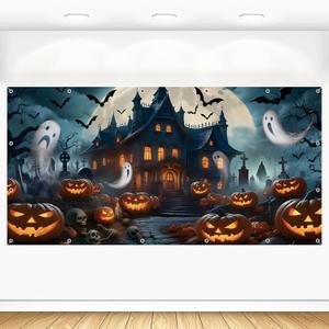 Halloween Backdrop 20x10ft Large Cemetery Graveyard Haunted House Skull Pumpkin Lantern Photo Background Scary Moon Night Bat Ghost Banner Decorations Photoshoot Fabric Photo Props