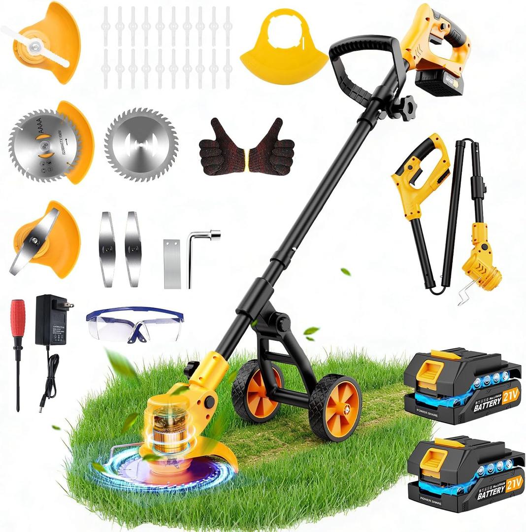 Electric Weed Wacker Cordless with Wheels,Electric Weed Eater Battery Powered 4000mAh,4 in 1 Grass Trimmer/Brush Cutter/Grass Edger/Small Lawn Mower,No String Trimmer with Blade, 2 Battery (Yellow)