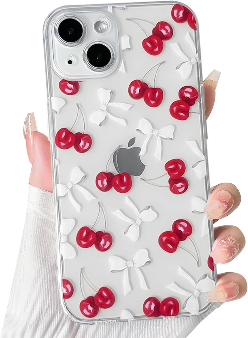 NITITOP Compatible with iPhone 13 Mini Case Cute Clear Cherry Bowknot Design for Women Girls Bow Ribbon Soft Fit Slim Stylish Anti Yellowing Protective Phone Cover - White