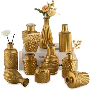 Hewory Golden Small Glass Vases for Centerpieces 10pcs Dark Gold Bud Vase in Bulk, Mini Vintage Decorative Single Flower Vase for Wedding Birthday Party Baby Shower Home Living Room Table Decor