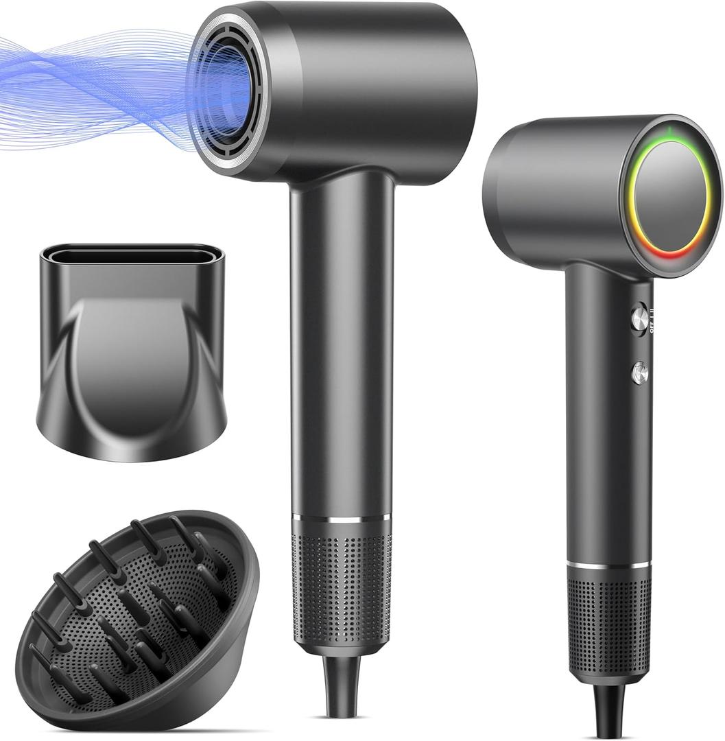 Hair Dryer, 160000 RPM Professional High Speed Ionic Blow Dryer, 500 Million Negative Ions & Heat-Control & Low Noise Hairdryer with Magnetic Diffuser for Fast Drying All Hair Types, No Heat Damage (Silver Black)