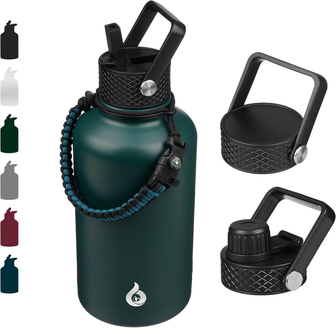BJPKPK Half Gallon Insulated Water Bottles with Straw Lid, 64oz Large Water Jug, Stainless Steel Bottles with 3 Lids and Paracord Handle, Thermos for Hot & Cold Liquid, Army Green