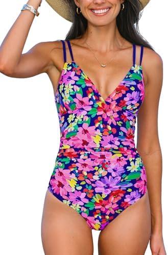 CUPSHE Women's One Piece Swimsuit Long Torso Tummy Control Bathing Suit V Neck Double Straps Back Cutout O-Ring