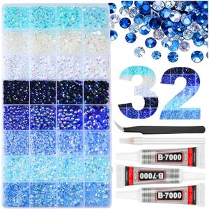 25000Pcs 32 Types Blue Jelly Resin Rhinestones for Bedazzling, Multicolor Flatback Gems for Crafting, Bedazzler Kit with 3Pcs B7000 Jewelry Glue for Clothes Shoes Nail Book Diamond Art (Ultra Large Pack + 3pcs Glue)