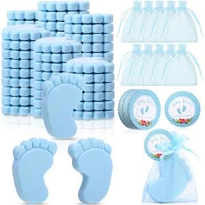 50 Sets Baby Shower Favors Handmade Feet Scented Soap Party Favors for Guests Gifts with Organza Bags and Thanks Tags for Gender Reveal Baptism Shower Wedding Party(Blue)