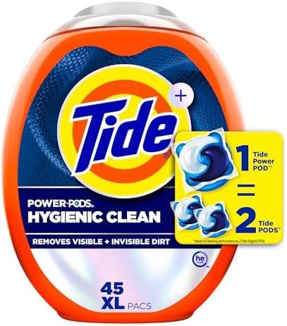 Tide Power PODs Hygienic Clean Heavy Duty Liquid Laundry Detergent Pacs, Free and Clear of Dyes and Perfumes, For Visible and Invisible Dirt, 45 Count, HE Compatible