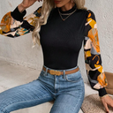 EMERY ROSE Ladies' Floral Printed Stand Collar Lantern Sleeve Top With Patchwork Detail Fall Cloth For Women (Size S)