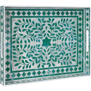 MAONAME Rectangular Decorative Tray, Plastic Serving Tray with Handles, Modern Green Trays for Ottoman, Coffee Table Trays for Living Room, Home Decor, 15.7" x 11.8" x 1.6"