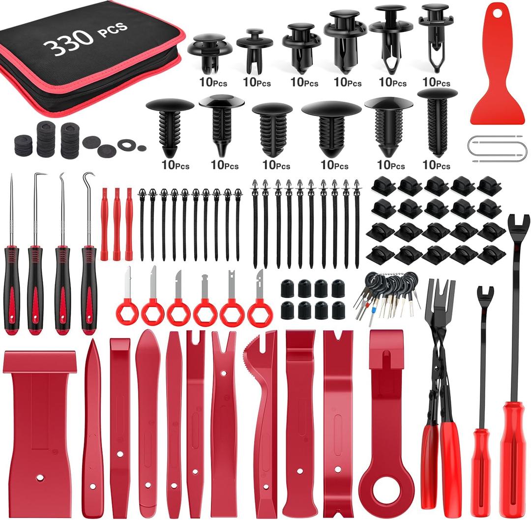 GOOACC 330Pcs Trim Removal Tool, Auto Push Pin Bumper Retainer Clip Set Fastener Terminal Remover Tool Adhesive Cable Clips Pry Kit Car Panel Radio Removal Auto Clip Pliers, Red