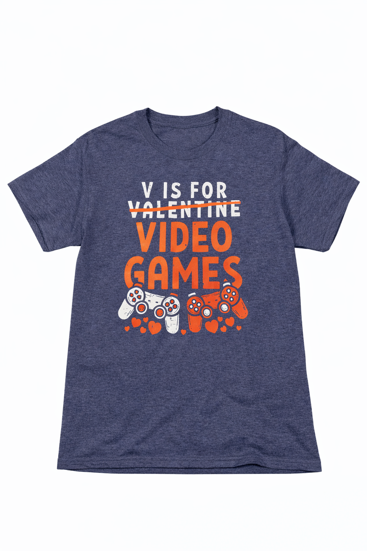 V is for Video Games Funny Valentines Gamer Boy Men Kids T-Shirt, Gray, Medium