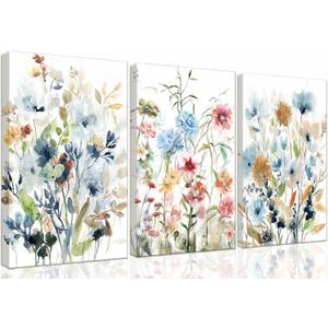 3-Pcs Framed Watercolor Daisy Flower Canvas Wall Art Colorful Plant Decor Pink Wildflower Pictures Print Farmhouse Floral Painting Wall decor for Living Room Bedroom Bathroom 16x24Inch