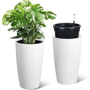Garvee Tall Planters for Outdoor Plants, 22 in Large Planters Set of 2, Outdoor & Indoor Planters with Water Level Monitor Inner Bucket, Automatic Watering, for Porch, Patio, Backyard, White