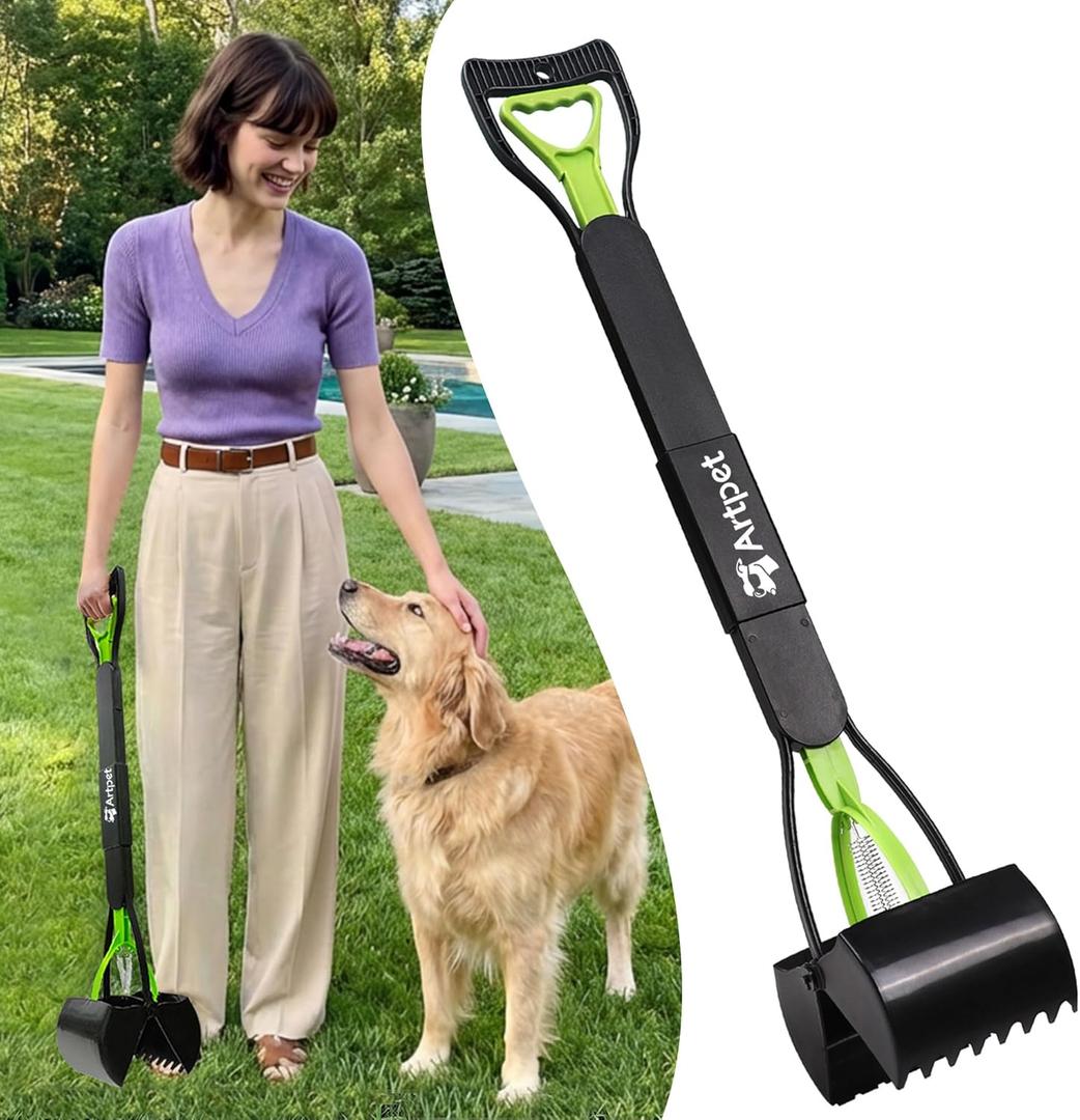 Artpet 32 Inch Dog Pooper Scooper Long Handle for Large Dogs for Yard – No Bending Great on The Back, Ease of Pick Up, Convenient, Heavy Duty, Grass Friendly, Plastic, Green