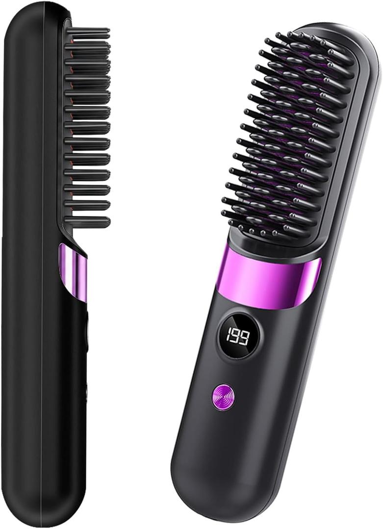 Go Brush Pro Cordless Hair Straightener Brush - Portable Rechargeable Ceramic Styling Brush with 4 Adjustable Heat Modes & LED Display, Perfect for Travel & Everyday Use (Black)