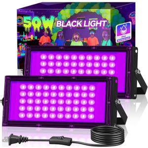 2 Pack 50W LED Black Light, Blacklight Flood Light for Glow Party IP66 Waterproof, Outdoor Black Lights with Switch&Plug for Halloween, Glow in The Dark, Neon Party, Fluorescent Poster, Birthday