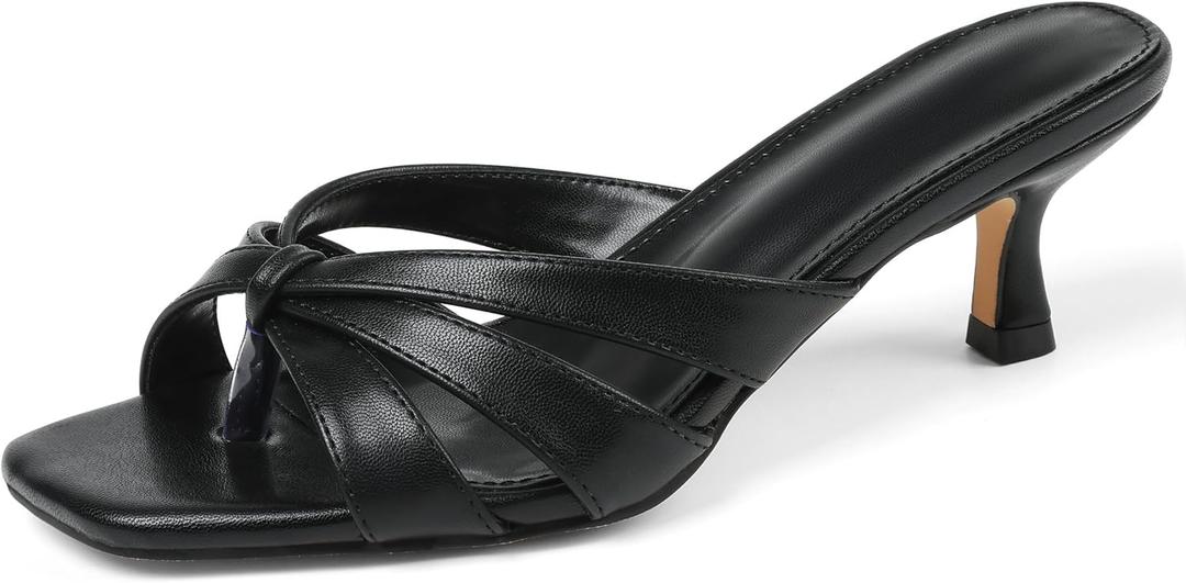femflame Kitten Heels Flip Flops for Women Square Open Toe Slip On Black Heels Mules Slides Sandals Beach Dressy Strappy Heels Summer Sandals, Size 7.5