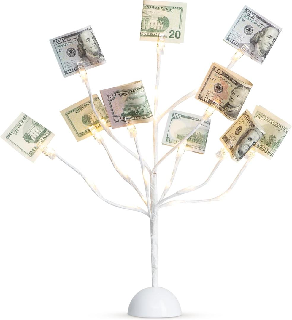 CraftyCrocodile LED Gift Card Tree Holder - Metal Display Stand with 10 Flexible Clips for Photos, Money, Lottery Tickets, Cards & Notes - 25 Warm Lights