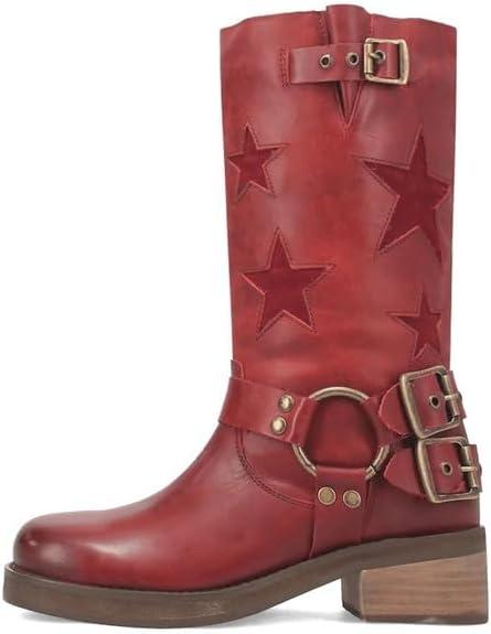 KISTANIA Women's Knee High Riding Boots Square Toe Chunky Heel Fashion Buckle Belts Cowboy Cowgirl Moto Boots with Stars (6, Red)