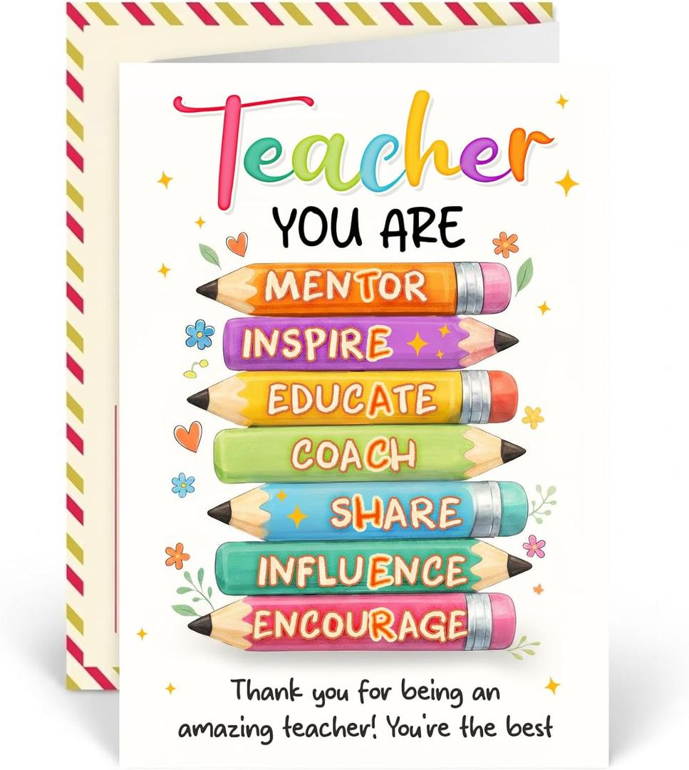 2 x Teacher Cards, Teacher Greeting Card With Colorful Pencil Artwork, Teachers Appreciation Gift Card For Back To School, Happy First Day Of School Card, Teachers Birthday Gifts From Student, Parent Or Class