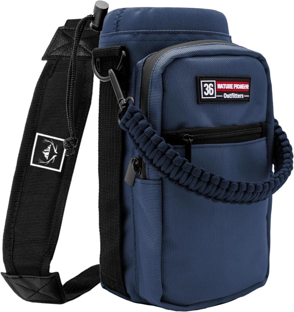 NATURE PIONEOR Water Bottle Holder with Adjustable Strap - 26/32/36/40/46/64oz Insulated Water Bottle Sling Carrier with Paracord Handle & 2 Pockets, Outdoor Sports, Hiking, Camping, Gym (Navy)