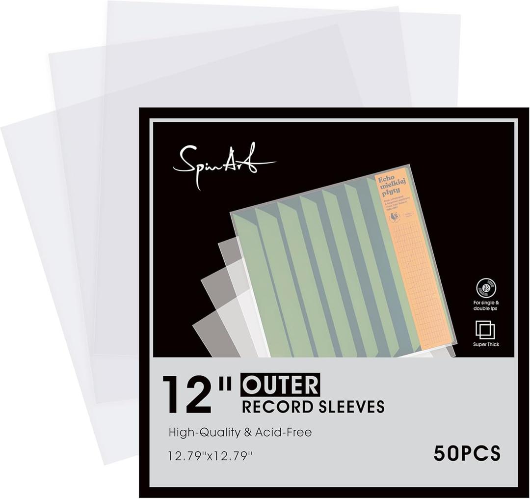 SpinArt 50PCS Vinyl Record Outer Sleeves, 3.94 Mil Thick Matte White Vinyl Protective Sleeve, 12.79'' x 12.79'' Outer Sleeves, Durable & Wrinkle-Free LP Album Covers Fit Single and Double LPs