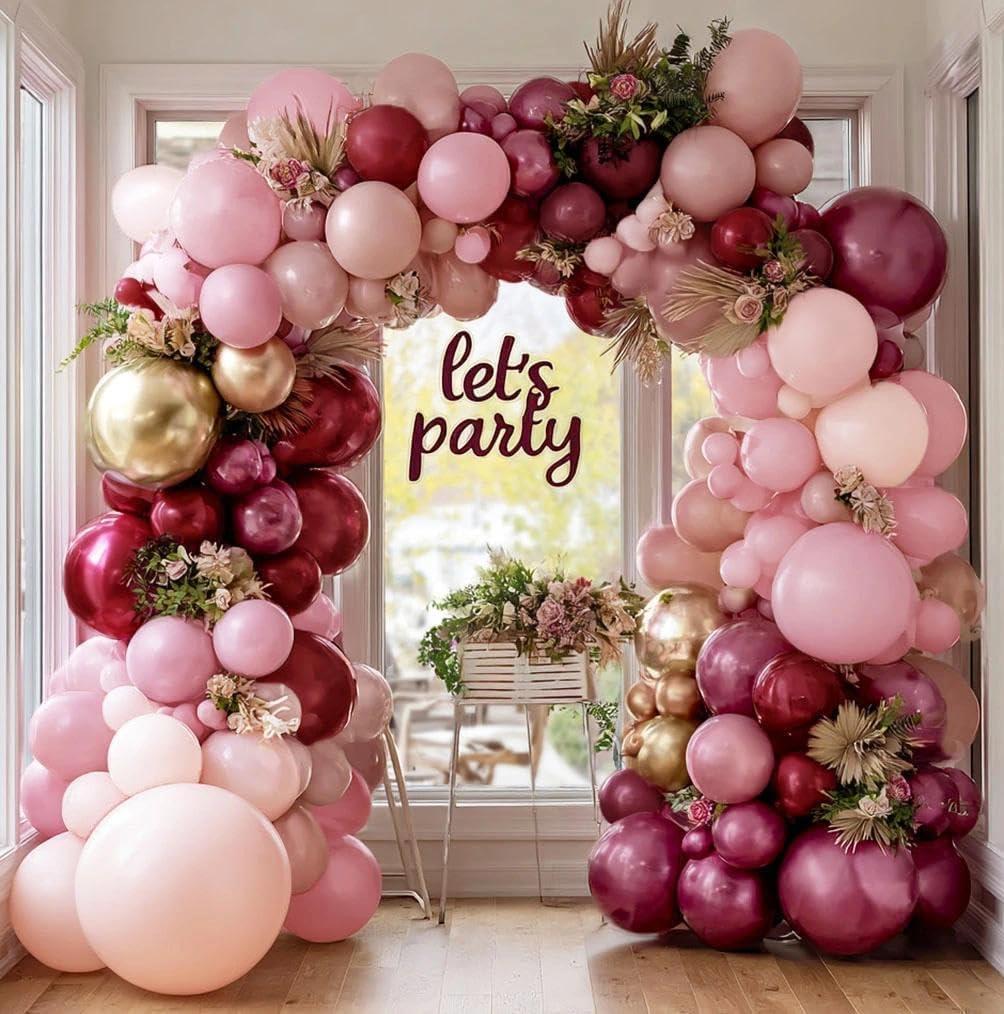 Burgundy Pink Balloon Garland Double Stuffed Pastel Light Pink Gold Mauve Balloons Maroon Lavender Latex Plum Balloon Arch Kit for Birthday Graduation Wedding Baby Shower Party Decorations