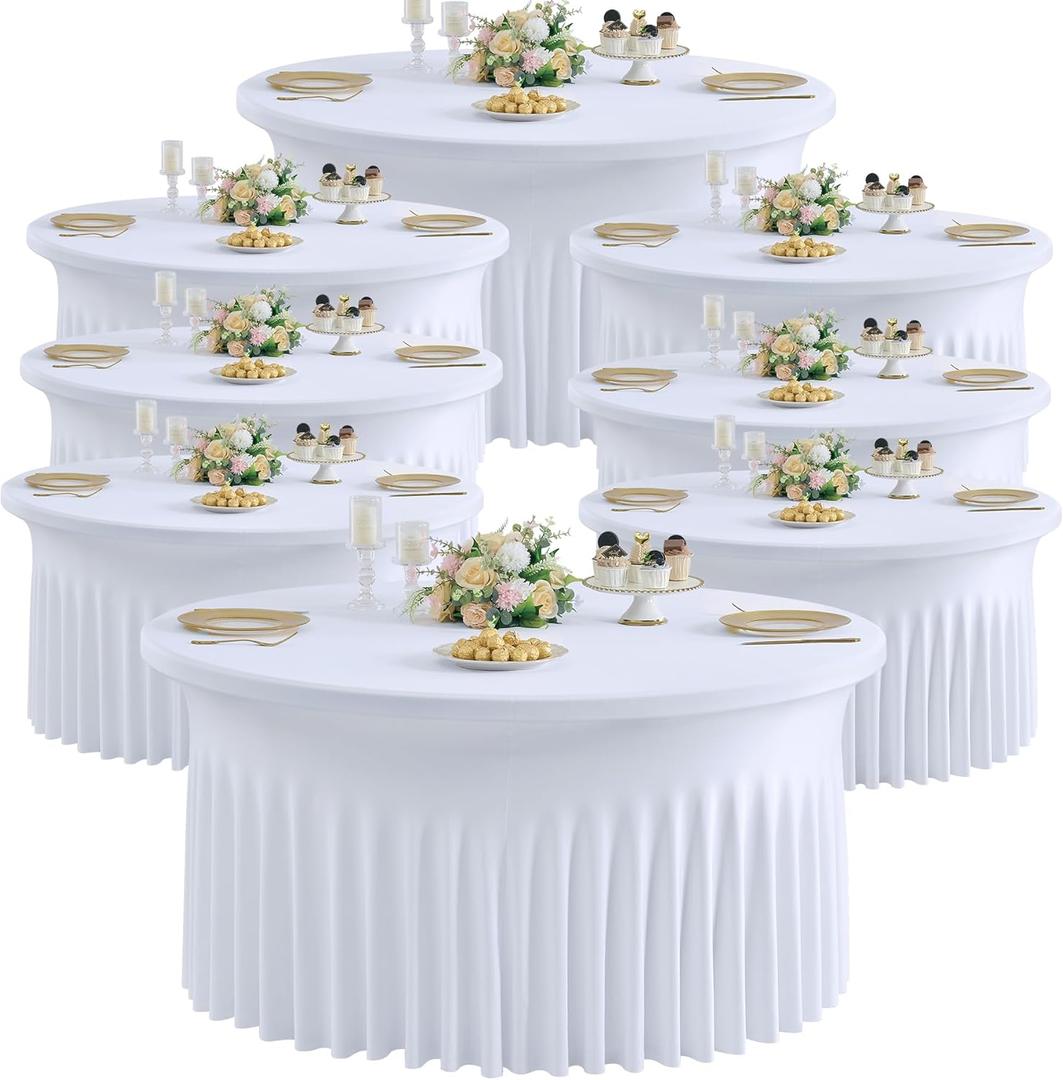 8 Pack Wrinkle Free White Round Spandex Tablecloth for 60 in Tables,Thick High Stretch 120 in Fitted 5ft Round Table Cloths,Elastic Ruffle Skirt Round Spandex Table Covers for Wedding Party Dinning