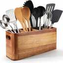 Kitchen Utensil Holder for Counter or Countertop, Large Wooden Utensil Holder with 4 Compartments, Acacia Wood Organizer for Cooking Utensils and Silverware, Ideal Gift for Kitchen Decor