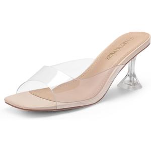 DREAM PAIRS Womens Clear Heels Square Toe High Stiletto Mules Slip on Wedding Dress Heel Sandals (10, Nude Clear-low)