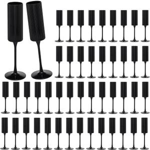 48 Pack Champagne Flutes, 6 OZ Plastic Glasses - Reusable, Elegant for Wedding Reception, Birthday, Toasting, Parties - Vintage Mimosa Stemware with Long Stem, Party Bar Supplies, Vibrant Black
