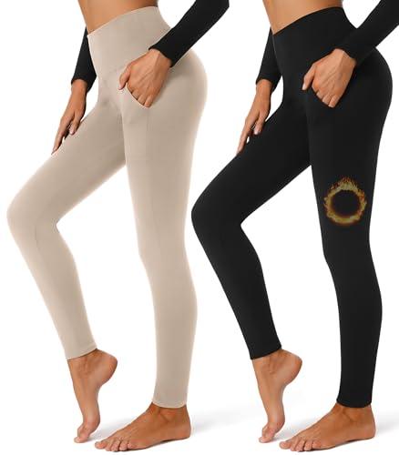 FULLSOFT 2 Pack Fleece Lined Leggings with Pockets for Women High Waisted Thermal Winter Yoga Pants for Workout Running Plus Size(Black,Wine Red(2 Pack),Large-X-Large)