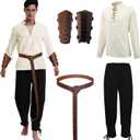 Men's Renaissance Costume Halloween Medieval Pirate Shirt Ankle Banded Pants Viking Belt Accessories (Black, L)