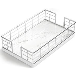 Wican Marble Guest Towel Holder Tray for Bathroom, Napkins Holder for Powder Room Dinning Table Wooden Basket for Disposable Paper Hand Towels Silvery and Marble White (9.06 x 5.51 x 2.56 inchs)